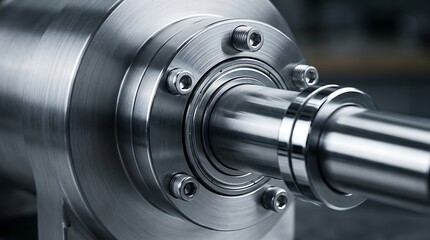 Fototapeta premium Metallic shaft connected to a heavy industrial bearing flange.