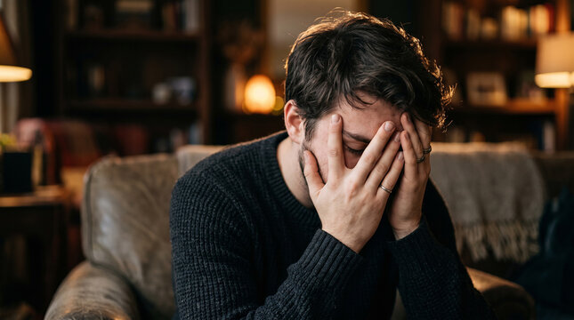 Distressed young man hiding his face in his hands sitting in a dimly lit room perfect for mental health awareness depression and emotional pain