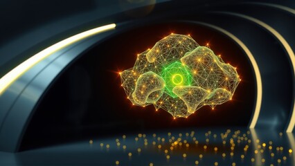 Fototapeta premium Futuristic network concept. Glowing lines form tunnel around polygonal cloud. Bright particles float below, creating dynamic scene.