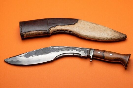 Traditional curved kukri knife with wooden handle, leather scabbard. Sharp metal blade, antique sheath lie on orange background. Nepal weapon tool shows ethnic heritage, old steel design for hunting