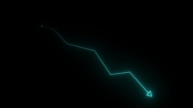 Glowing neon cyan animated line graph illustrating a downward market trend on black background. 4K Video motion graphic animation