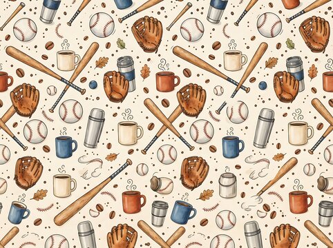 Baseball and coffee seamless pattern on beige background for sports bar or cafe decoration.