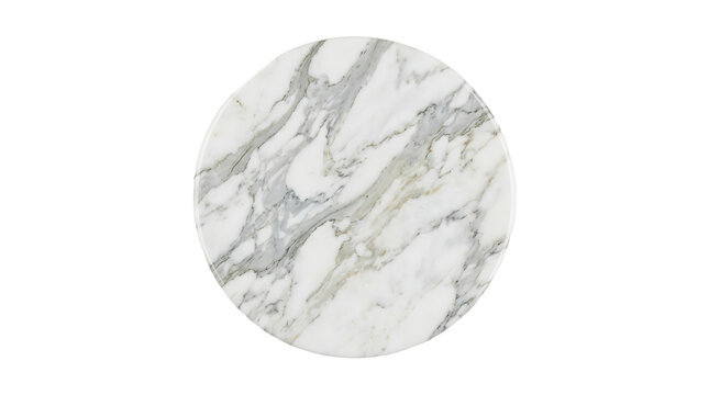 Top view of a luxury round white marble tabletop with natural grey veins texture, isolated on transparent background for furniture design and interior decoration architectural element.