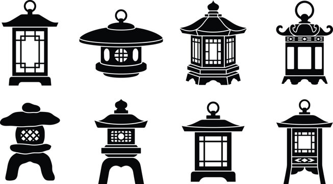 Japanese stone garden lanterns silhouette collection for traditional landscape planning