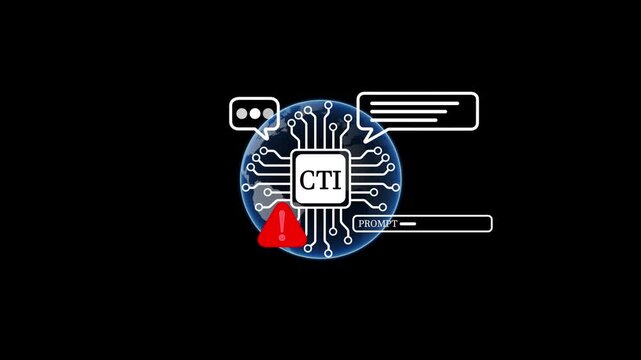 Animated Global CTI Cyber Threat Intelligence Motion Graphic Loop, Cybersecurity Processor Microchip Alert Warning Prompt Interface Concept Isolated Black Background 4K Video.