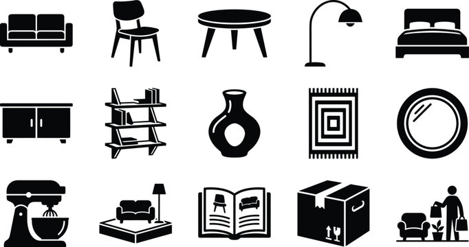 Set of interior design furniture and home decor vector icons