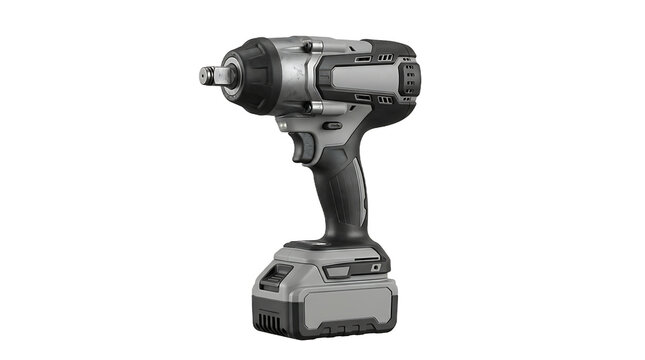 Professional powerful cordless electric impact wrench with rechargeable battery pack, heavy-duty industrial power tool for automotive repair and construction work, isolated on white background.