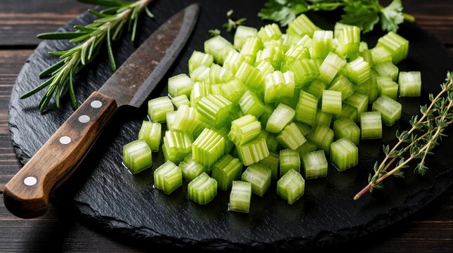 Fresh green celery cubes lie on black slate board with knife, herbs. Chopped organic vegetable pieces prepared for cooking salad. Raw celery stalks, rosemary sprigs add aroma to rustic kitchen scene