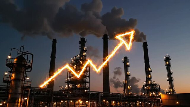 Industrial plant with rising fire arrow growth chart and smokestacks releasing pollution at dusk refinery