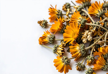Fototapeta premium Calendula flowers for herbal medicine and skincare, dried orange marigold petals for natural wellness and organic cosmetics on a white background