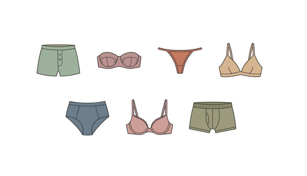 Underwear vector icons set featuring flat fashion sketches of bras panties boxers and bralettes in modern earth tones