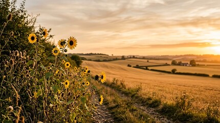 Obraz premium Sunflowers along country dirt road path in golden agricultural field at sunset beauty.