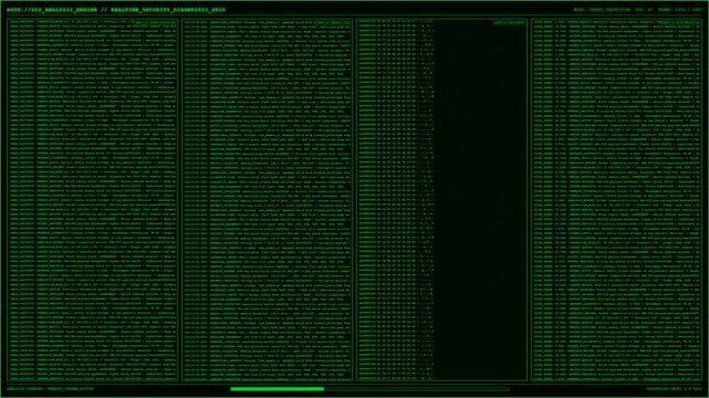 Green Security Diagnostic Grid Scrolling Data Logs Hex Dump Analysis Animation.