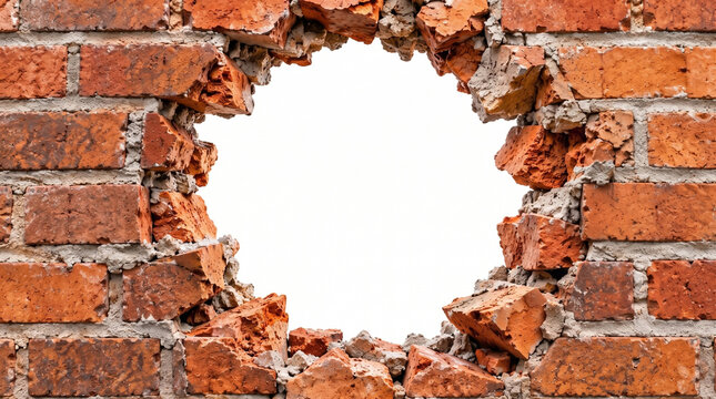 Broken brick wall with large hole and copy space