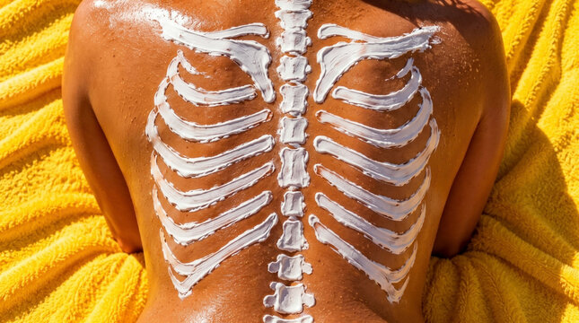Skeleton rib cage drawn with sunscreen on tanned skin
