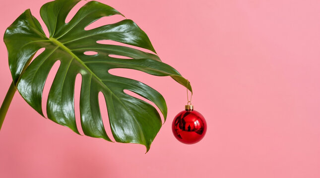 Tropical monstera leaf with hanging red Christmas bauble on pink background