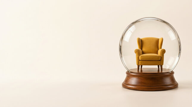 Miniature yellow armchair inside glass dome with copy space