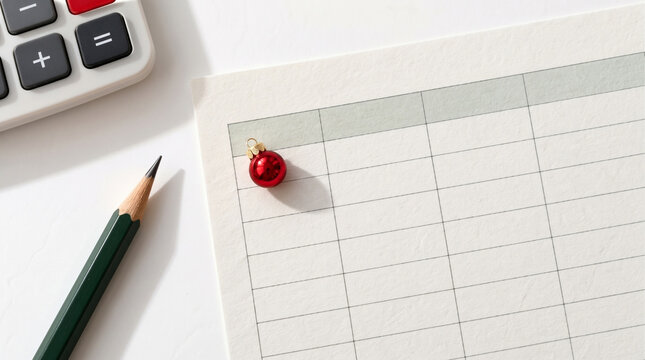 Christmas budget planning with calendar, calculator and red bauble