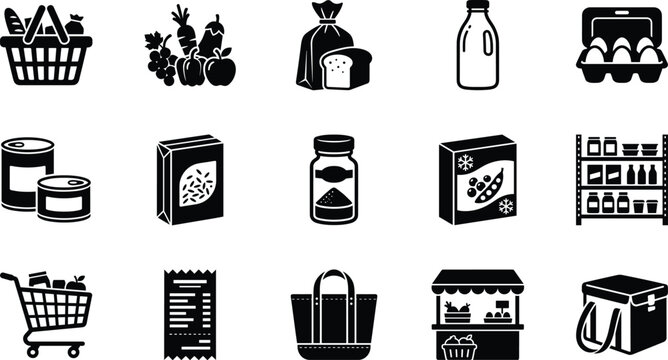 Set of black grocery shopping food and retail supermarket vector icons