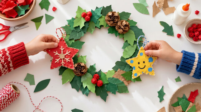 Family making handmade Christmas wreath with paper decorations