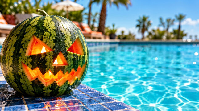 Halloween jack o lantern carved watermelon by tropical swimming pool