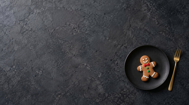 Single gingerbread man cookie on black plate with empty place setting