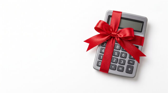 Payment terminal wrapped with red gift bow on white background