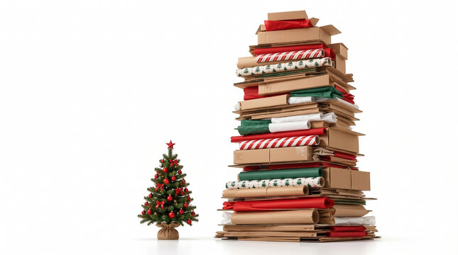 Tall stack of books with miniature Christmas tree