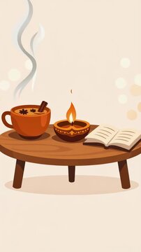 Cozy wooden table with steaming tea cup, a lit diya candle and an open book. warm bokeh background, flickering flame and rising smoke suggest a peaceful reading ritual.