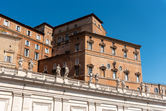Apostolic Palace and Historic Colonnade Statues in Saint Peter Square in Rome