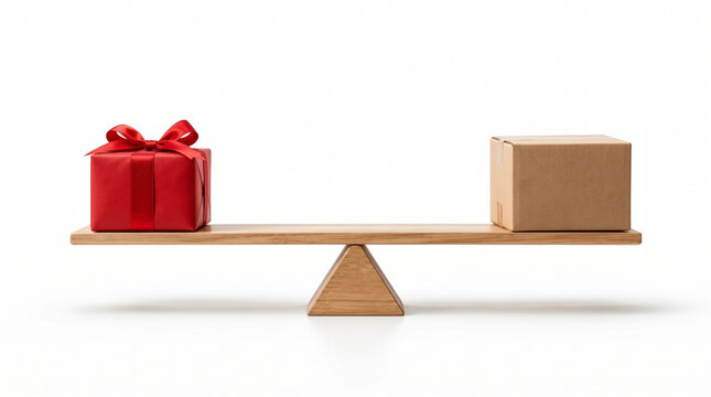 Red gift box and plain cardboard box balanced on wooden seesaw
