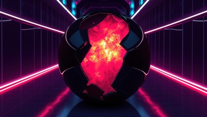 Fototapeta premium Glowing sphere radiates intense energy within futuristic corridor. Bright pink lines converge, creating dramatic visual effect. Dark background emphasizes luminosity.