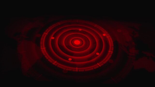 Radar screen animation sweeps target rings across a dotted world map. Sonar surveillance data guides this active radar screen. Detection tracking systems monitor it.