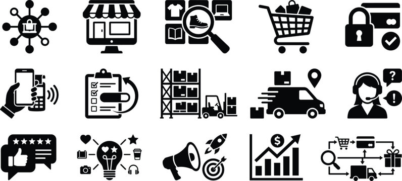 Set of flat black vector ecommerce and online shopping icons on a white background
