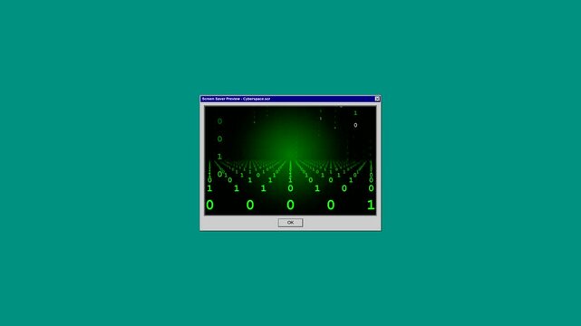 Digital binary code animation in a retro computer window