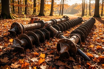 Fototapeta premium Heavy metal auger tools lie on autumn forest floor covered with orange leaves. Large rusty drilling screw equipment for pipeline installation tunnel boring used in trenchless tech. Industrial