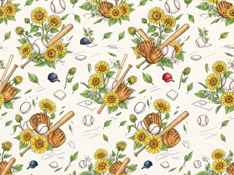 Seamless pattern with baseball equipment and vibrant yellow sunflowers on light background.