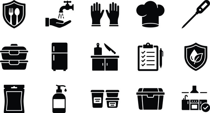 Set of food safety and kitchen hygiene icons illustrating professional restaurant maintenance and sanitation procedures
