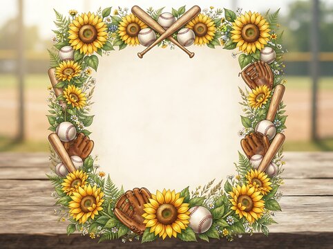 Rectangular baseball frame with sunflowers and sports items on a wooden surface backdrop.