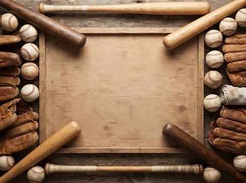 Rustic baseball equipment frame with wooden bats gloves and balls on vintage wood plank background.