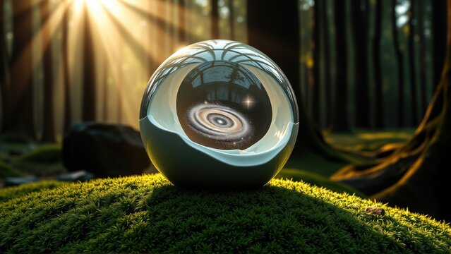 Shiny sphere rests upon mossy ground. Forest backdrop features sunbeams, trees. Galaxy reflection visible within orbs surface.