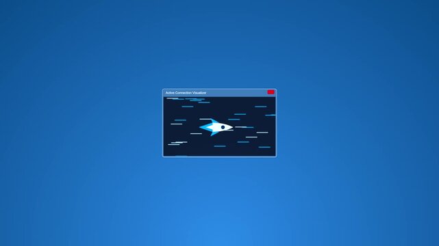 Minimalist digital spaceship flying in a window animation