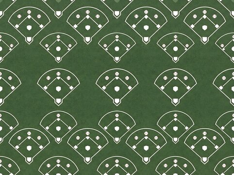 Green baseball field pattern background with diamond shapes and balls for seamless sport wallpaper.