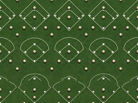 Baseball pattern with field diagrams and white balls on green texture for sports branding design.