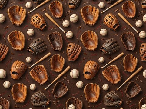Baseball glove and ball seamless pattern in rustic brown leather for sporting goods store displays.