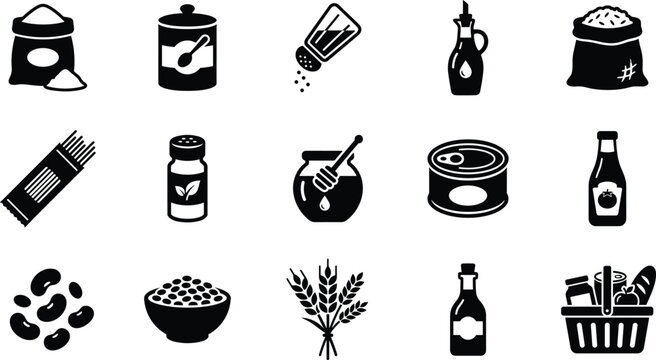 Set of flat black food and kitchen ingredient icons on white background