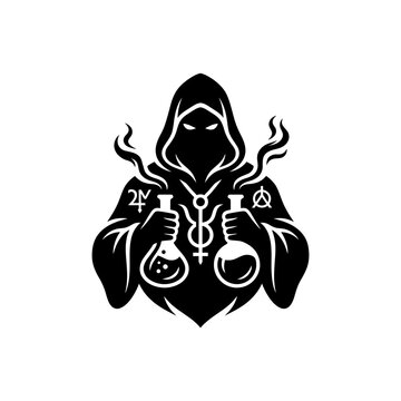 Hooded Wizard Silhouette Holding Magic Potions Vector