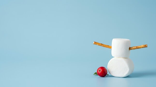 マシュマロで作った雪だるまとプレッツェルの腕