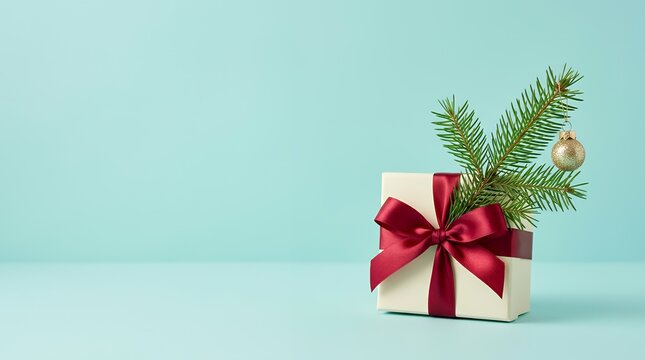 モミの枝と金色オーナメントを添えたクリスマスギフト