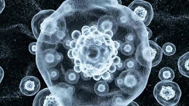 Microscopic cells division and replication scientific animation with glowing organic organisms and virus